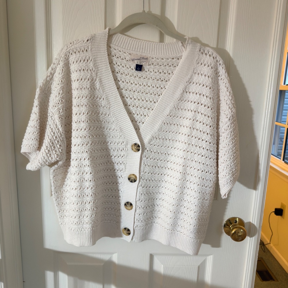 Universal Thread Cream Pointelle Short Sleeve Cardigan Sweater Large RN17730